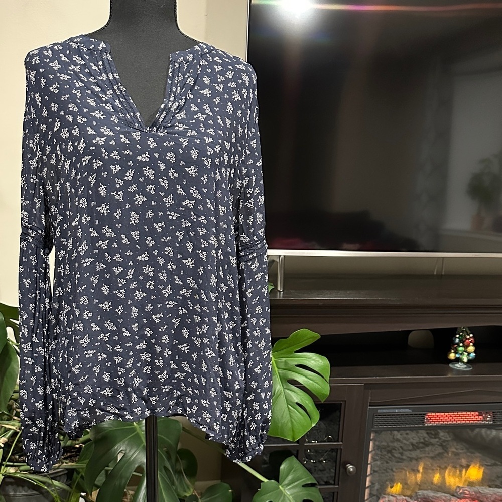 *POLO RALPH LAUREN* Navy x White Long Sleeve Floral Blouse Size Large